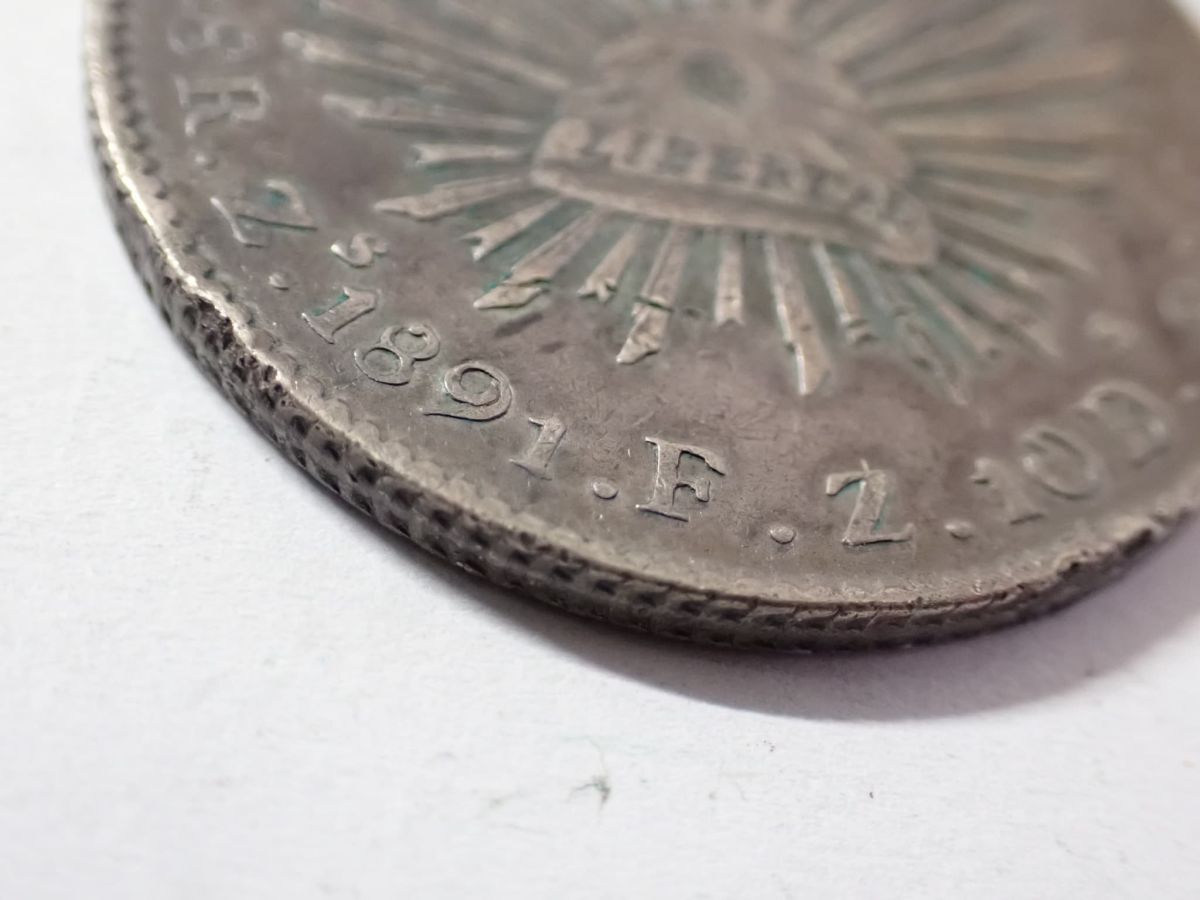 N347/6E〇1891年 メキシコ 8レアル銀貨 自由の帽子/鷲と蛇 貿易銀 大型
