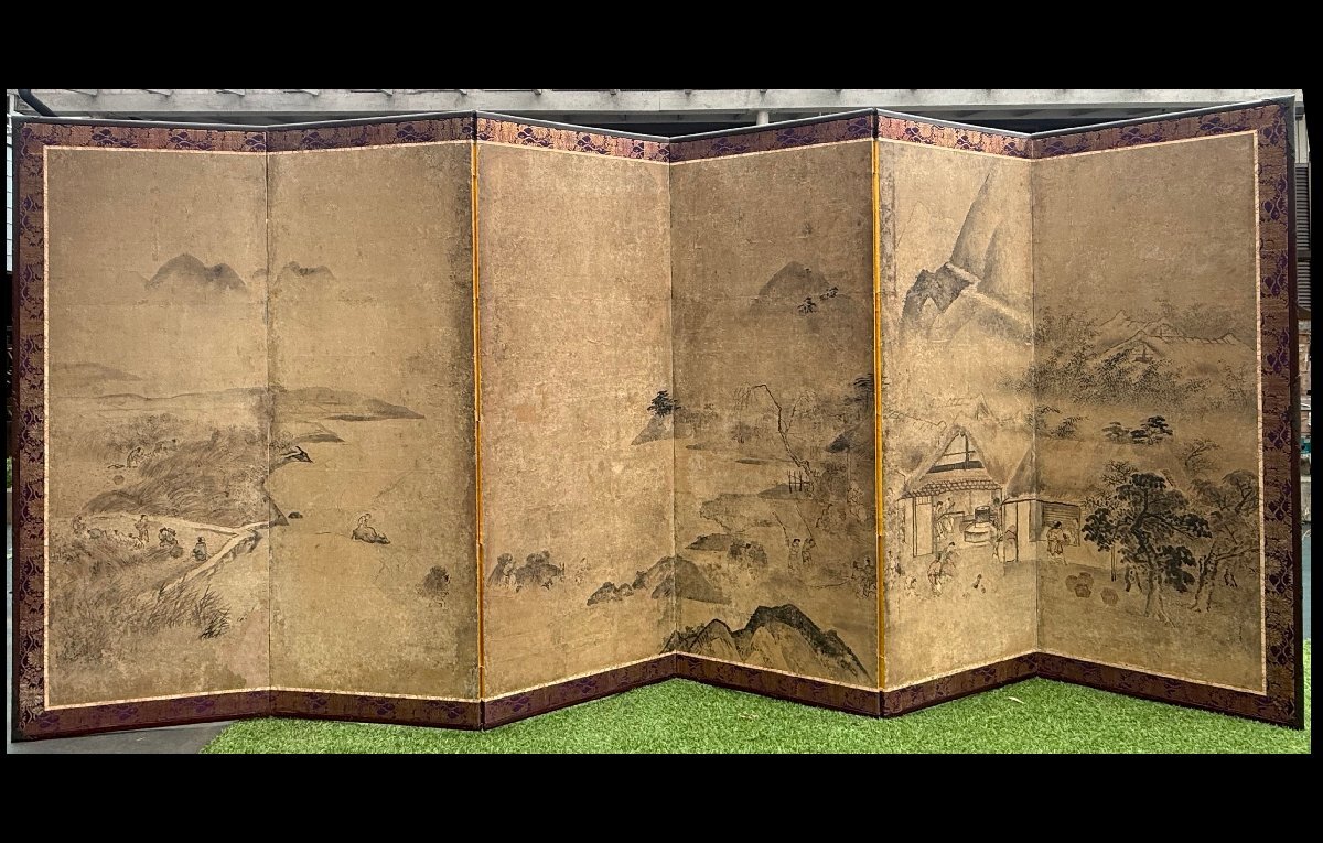 六曲一双 屏風 六枚折 水墨着色 山水人物画 落款印あり 金縁 古美術 骨董 江戸時代☆山水人物図 六曲屏風 水墨画 江戸期 日本画 古美術