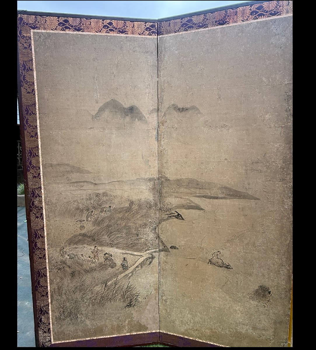 江戸時代☆山水人物図 六曲屏風 水墨画 江戸期 日本画 古美術