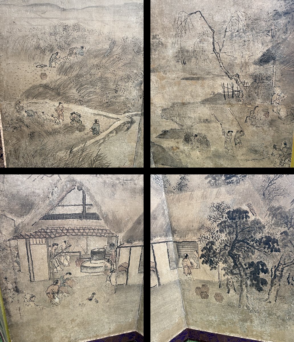 江戸時代☆山水人物図 六曲屏風 水墨画 江戸期 日本画 古美術
