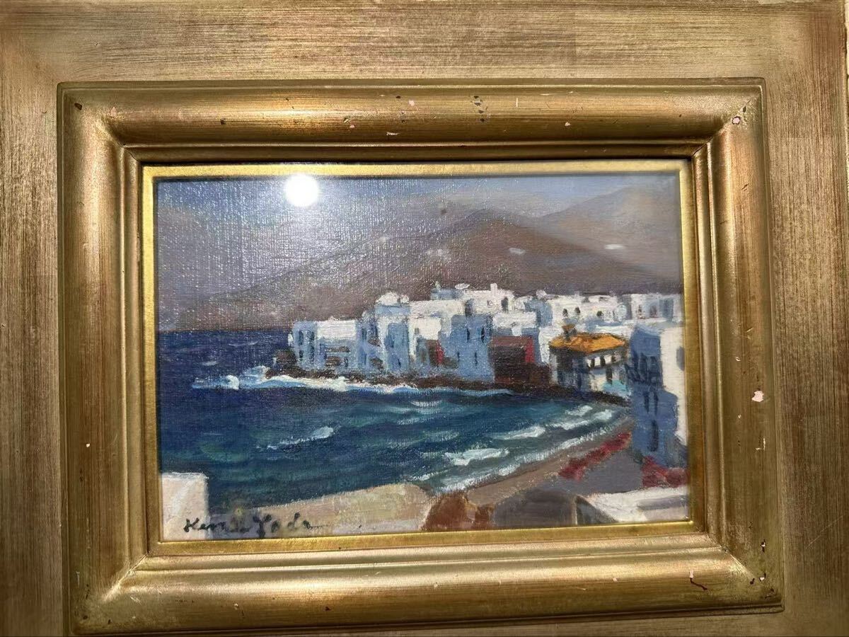 真作 油彩 風景画 額装 絵画 海 油絵 直筆サイン 油彩画(自然、風景画