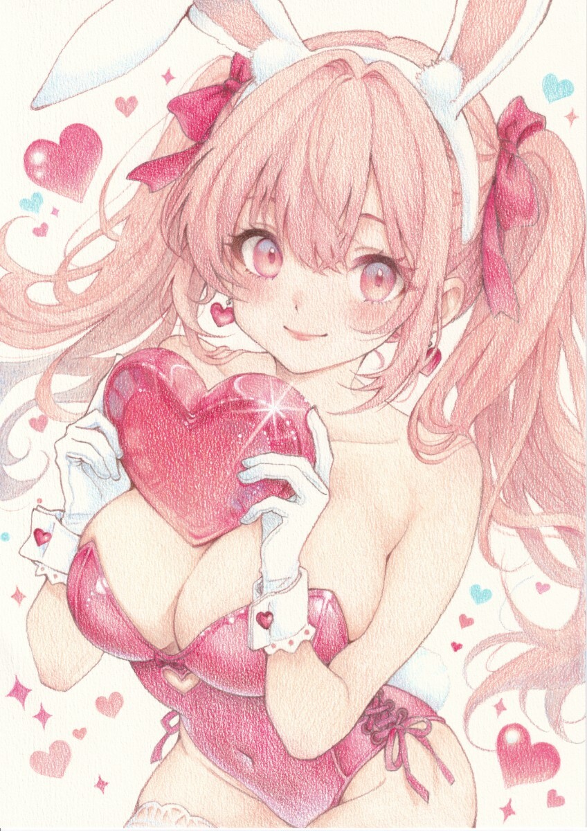 色鉛筆画【A4原画】Loveバニー 手描きイラスト 美少女 オリジナル 一点