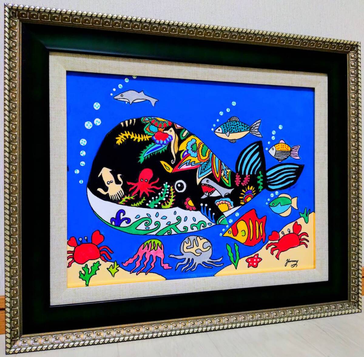【F4号】手描き作品　ジミー大西【バラ色の地球】額縁　新品額　サイン　落款　絵画 模写】ジミー大西【海（クジラ）】手描き作品/人気作家/人気作品/表裏