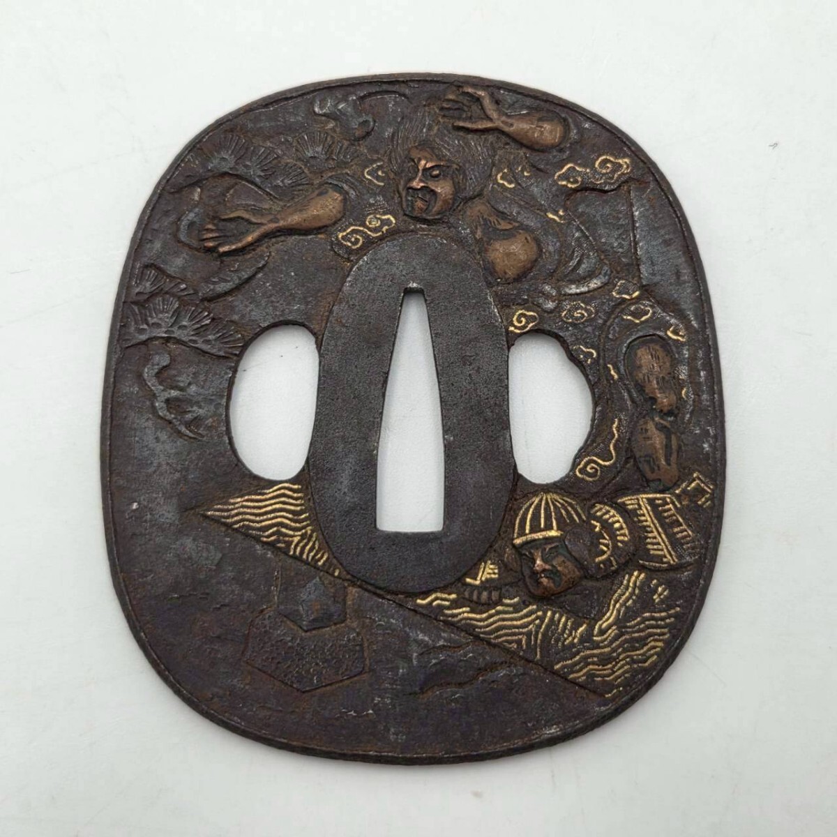 刀装具 鍔 つば 鉄鍔 日本刀 時代物 骨董 象嵌 武者図(鍔、刀装具