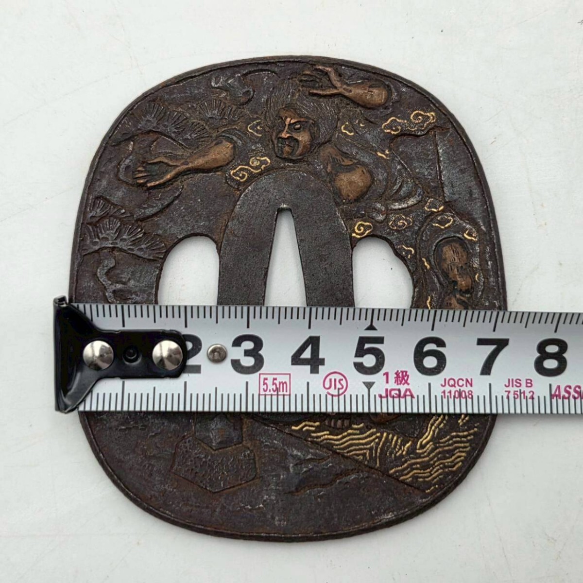 刀装具 鍔 つば 鉄鍔 日本刀 時代物 骨董 象嵌 武者図(鍔、刀装具