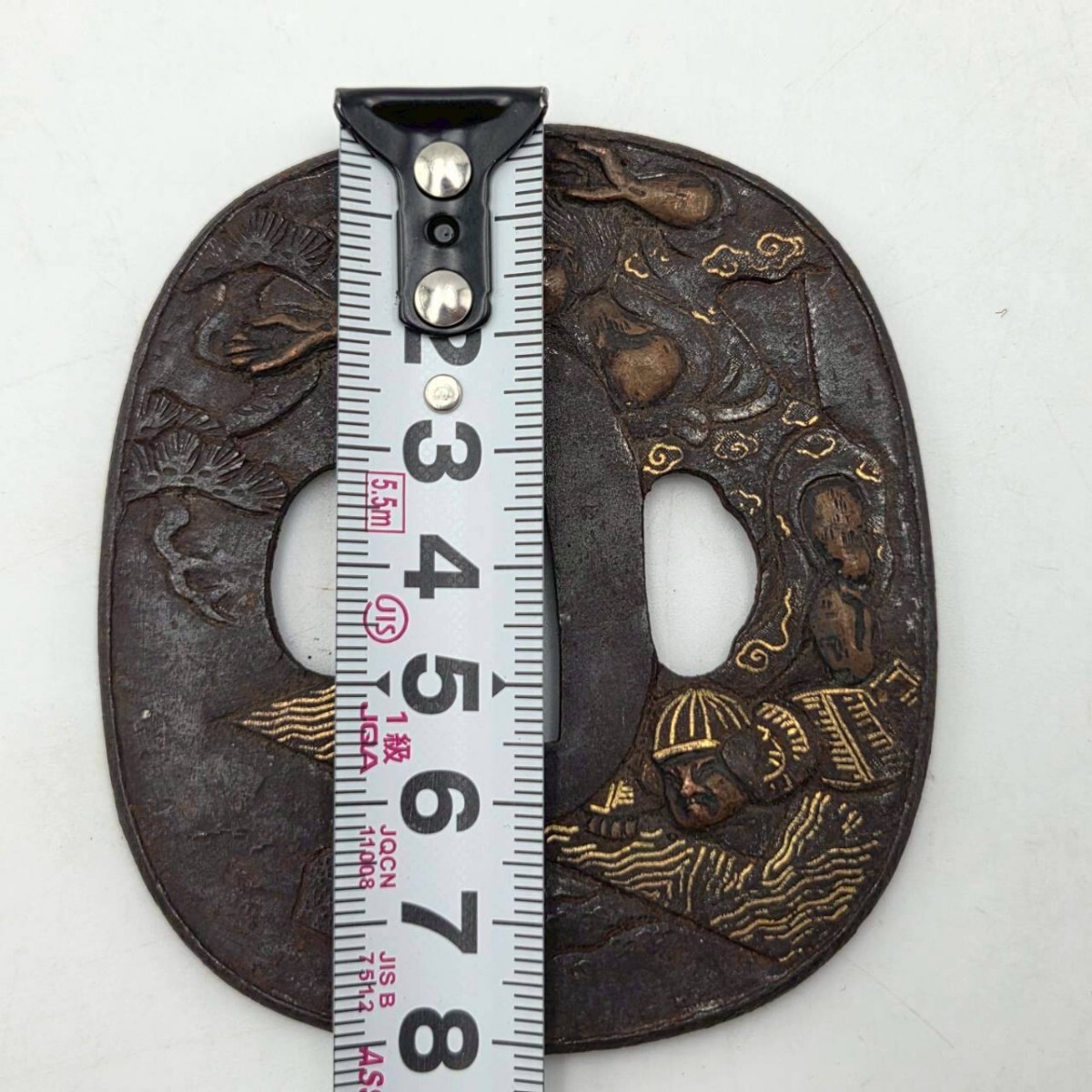 刀装具 鍔 つば 鉄鍔 日本刀 時代物 骨董 象嵌 武者図(鍔、刀装具