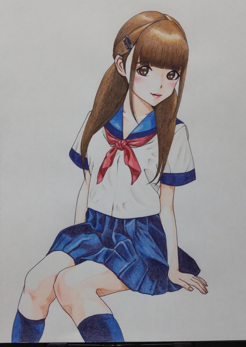 手描きイラスト 色鉛筆画 セーラー服 女の子 ツインテール A4サイズ