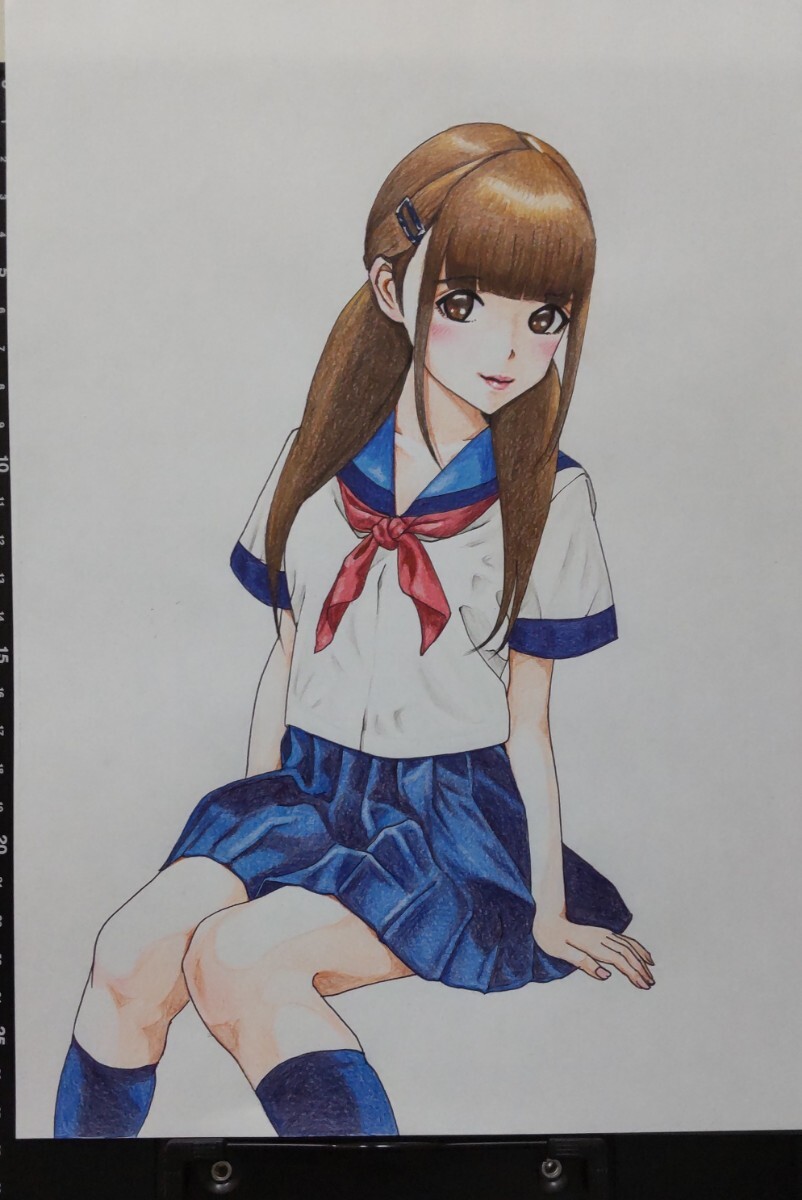 手描きイラスト 色鉛筆画 セーラー服 女の子 ツインテール A4サイズ