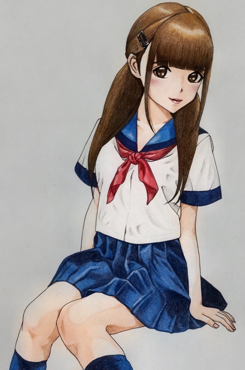 手描きイラスト 色鉛筆画 セーラー服 女の子 ツインテール A4サイズ