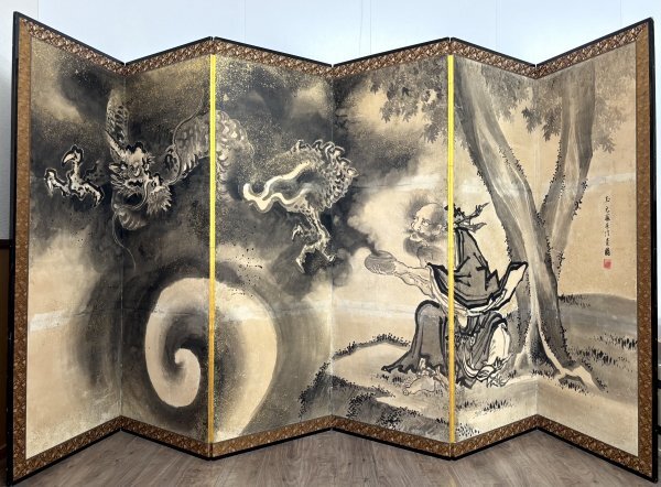 432【真作】狩野玉元「雲龍図 六曲一隻屏風」肉筆 屏風 江戸幕府表絵師 432【真作】狩野玉元「雲龍図 六曲一隻屏風」肉筆 屏風 江戸幕府表絵師
