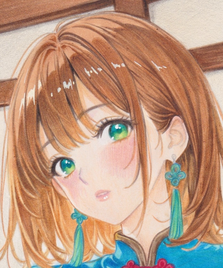 手描き オリジナル チャイナ服 イラスト 茶髪 ストレート ショート