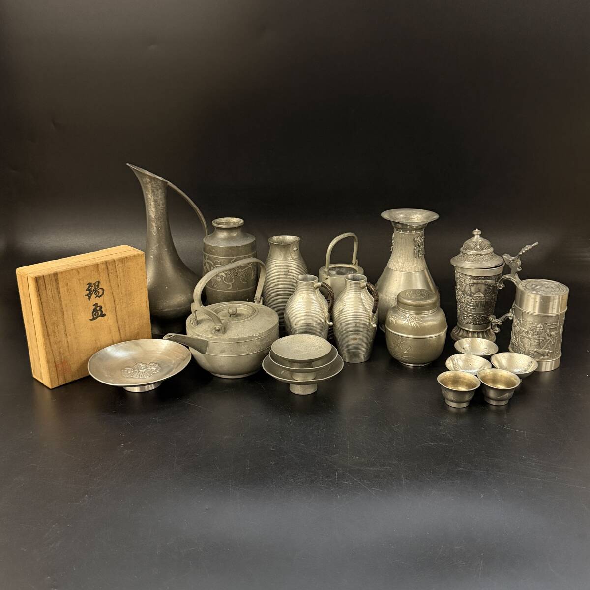 古錫 四君子文 間村自造 茶こぼし 乾茂號造 茶壷 2点まとめて U R5852