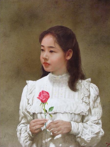 絵画館 巨匠!藤井 勉 油絵8号「バラの祈り」少女!傑作☆40～60☆(人物