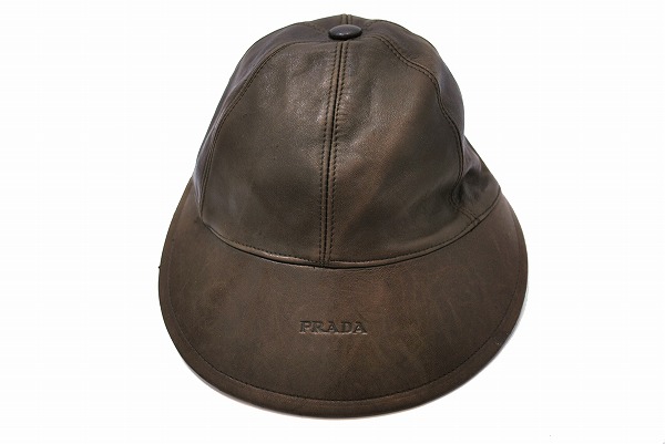 プラダPRADA レザーキャップMサイズ帽子ハット革茶ブラウン(D357(服飾 