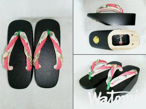 新品!!桐こっぽり下駄 黒ちりめん塗 ねじりピンク花緒♪在庫処分