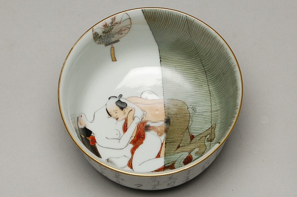 □古い 九谷焼 春画茶碗□ 箱付 茶道具 枕絵 大正～昭和期頃(茶碗
