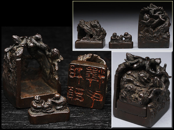 NJ835 古銅透雕林人物入子重銅印章・銅印材☆中国古董置物擺件