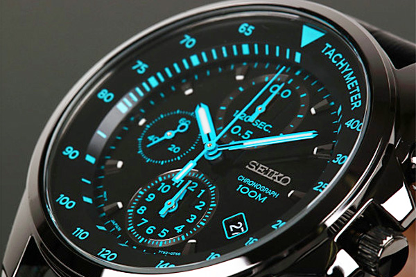 1円セイコー逆輸入ブラック&ブルーレザー上級クロノグラフ腕時計