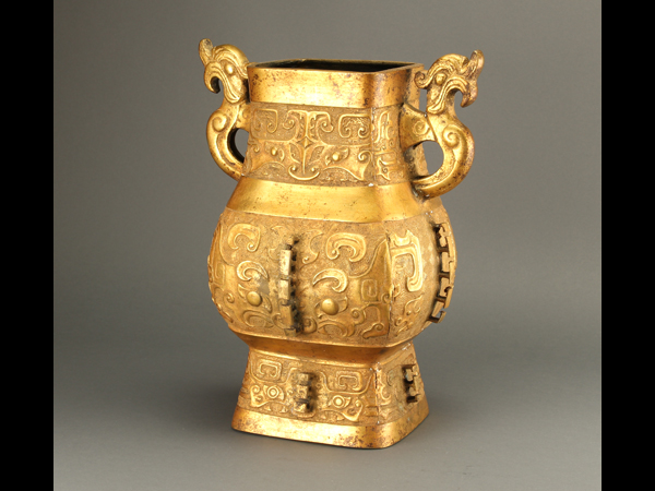 【流】古美術品 時代塗金銅製饕餮文花瓶 中国古玩 EB463