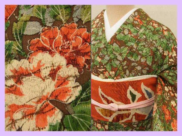 ◆衣紋屋◆1872 ろうけつ染め 花文様 小紋着物 正絹 こげ茶