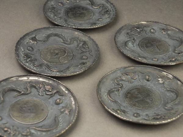 【夢工房】中国古貨入銀色龍文茶托五客　443ｇ　AC17