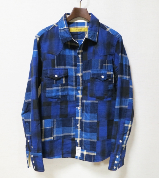 14AW バックボーン レザー切替 パッチワーク ネルシャツ S/T983