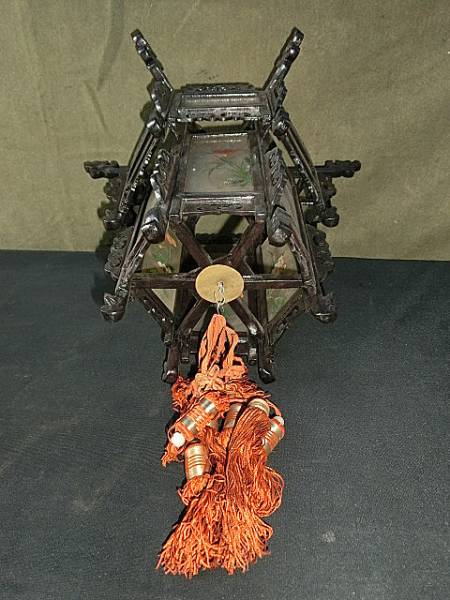 中国美術 吊灯籠 唐木風透かし吊灯篭 手書きガラス絵 牡丹灯籠