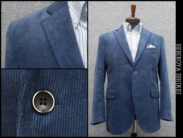 ☆訳ありコーデュロイ/ベーシック2釦ジャケット/浅青 ★LL