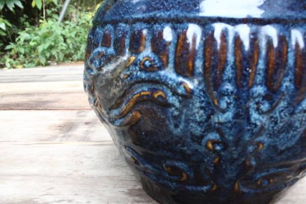 旧家より 鳥文海鼠釉 火鉢 五徳付◆手あぶり/陶器