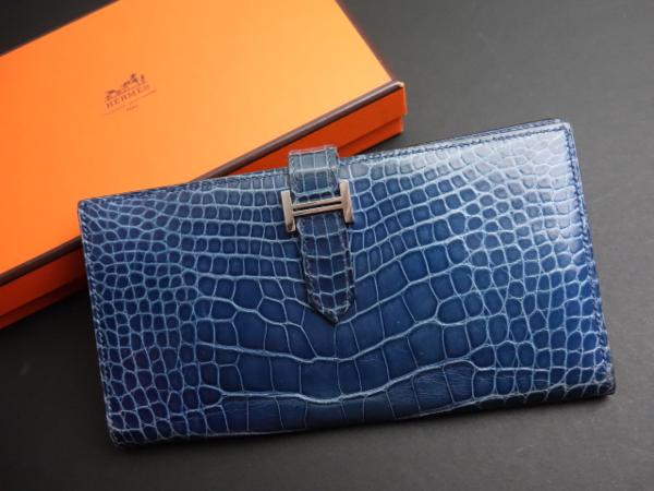 C111正規品HERMESエルメス長財布ベアンスフレ青紺クロコ□L刻印