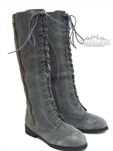 LJ25*新冬物*本革*靴*24.5cm*灰*編み上げ*レザー製ロングブーツ