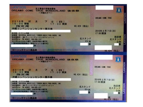 沖縄ドリカム DREAM COME TRUE ２月7日 北スタンドD列連番2枚