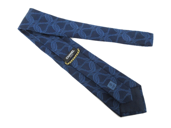 1円 良品 シャネル CHANEL シルク メンズ ネクタイ 紺 × 黒