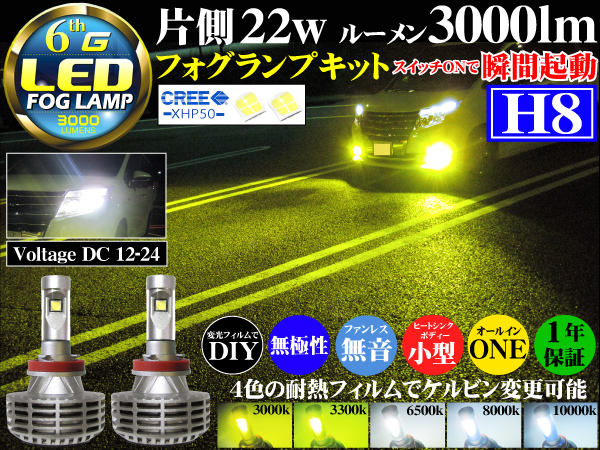 H8 LEDフォグランプ ファンレス 無極性 1年保証 CREE 22w 3000lm