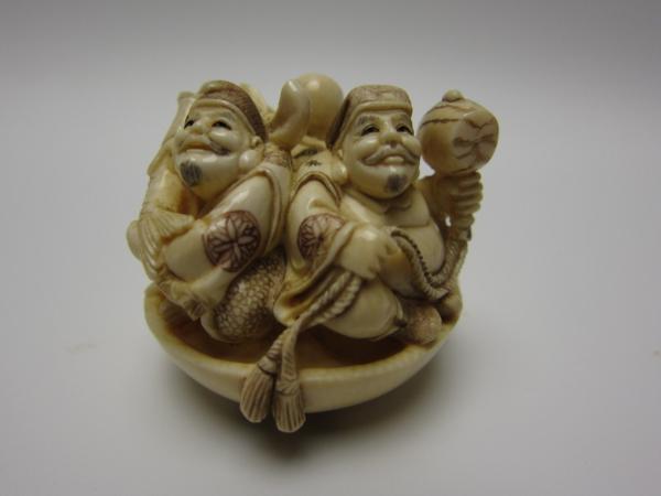 集】020624本象牙細工彫刻置物 布袋様恵比寿大黒 松山在銘根付 本象牙