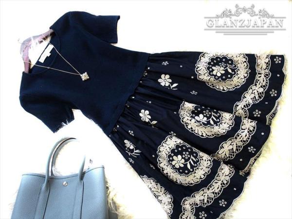 BI65*新作*7~9号*紺*SILK混*可愛い花刺繍♪ニット切替ワンピース