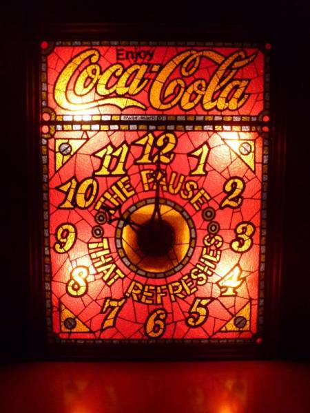 1970年代　コカコーラ　ステンドグラス　アドバタイジング　時計　ライト　看板 コカコーラ ステンドグラス 電気時計ライト ビンテージ 1970年代