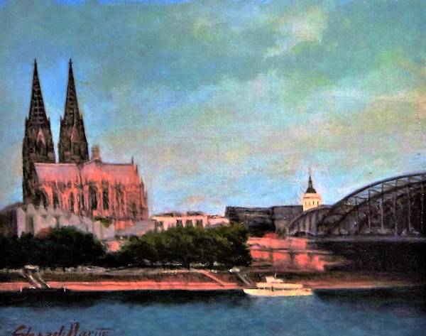 成田省三画伯作品油絵 「二つの塔の見える河」F６号　超特価！