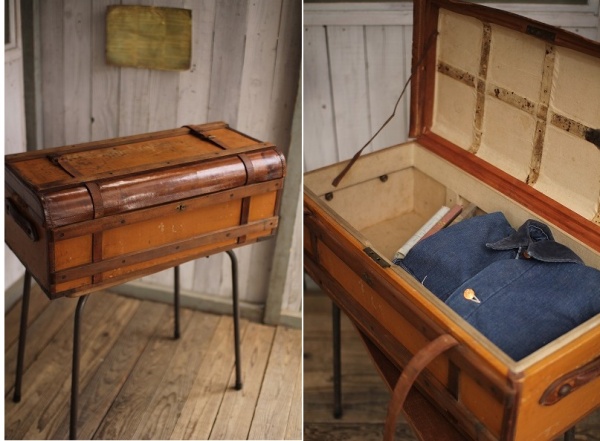 アンティーク 古い木製と革製の渡航トランク/収納/かばん
