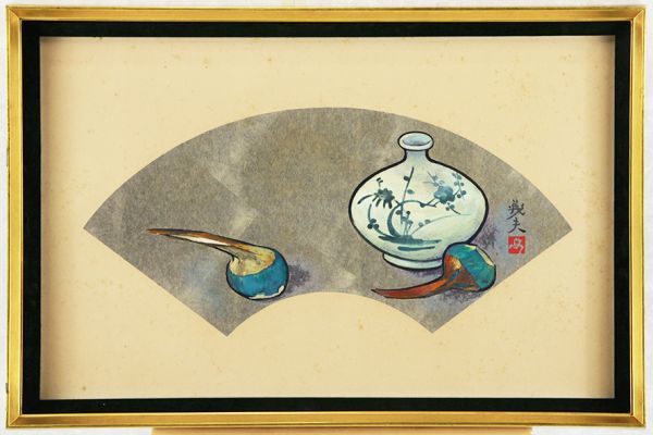 s2909d物故180万日展評議員 高木義夫 日本画扇面 染付壺にくわい