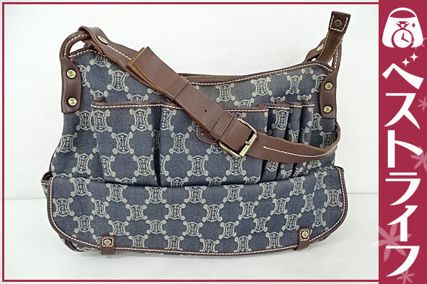 1円 セリーヌ マカダム デニム ショルダーバッグ ネイビー系