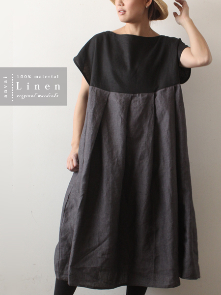 ■夏の快適素材 大人色 リネン麻100% 贅沢なタックワンピースF93