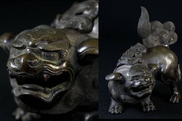銅製 細密細工 獅子香炉 約893g 時代骨董 中国美術