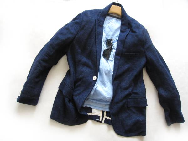 サイドスロープ ロンハーマン扱 リネン麻 ジャケット 紺 ニット