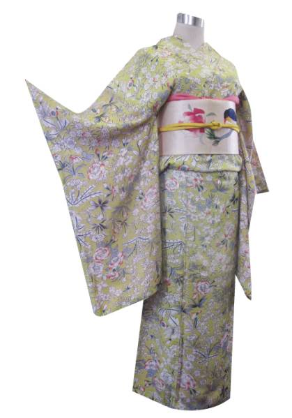 大正ロマン/アンティーク/桜チューリップ蝶々/地紋笹/小紋/袷