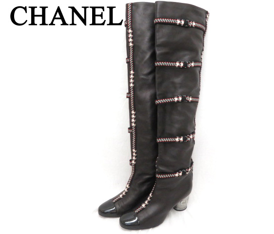 良品◎伊製 シャネル ツイードライン入り レザー サイハイブーツ