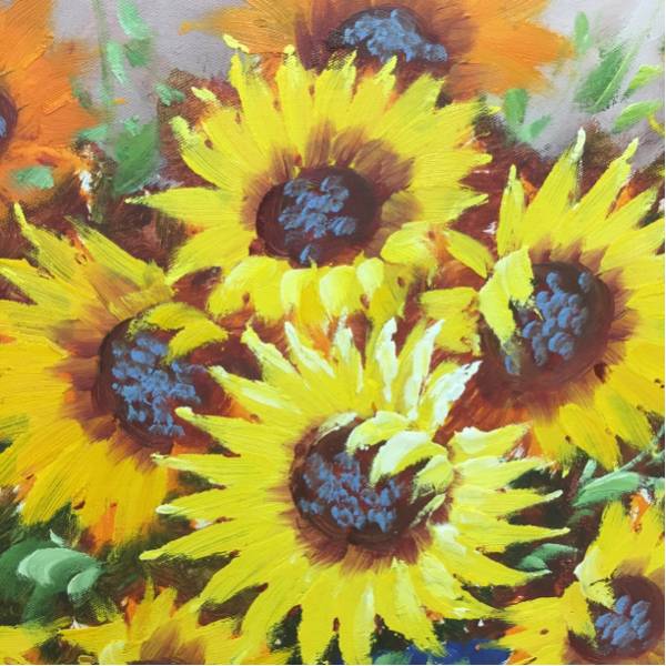 インテリア 手書き油絵 絵画 花瓶のひまわり 額付 油彩画 油彩画