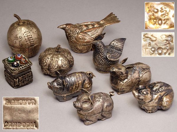 A316. 可愛らしい 豚や鳥等 銀色蓋物 9点セット /シルバー小物入