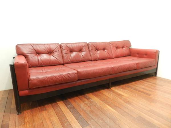 ミッドセンチュリー本革4シーターソファ/ビンテージレトロ