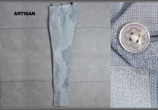 新品アルチザン ジャポニカ最高級西陣織スラックスS薄青5.4万2